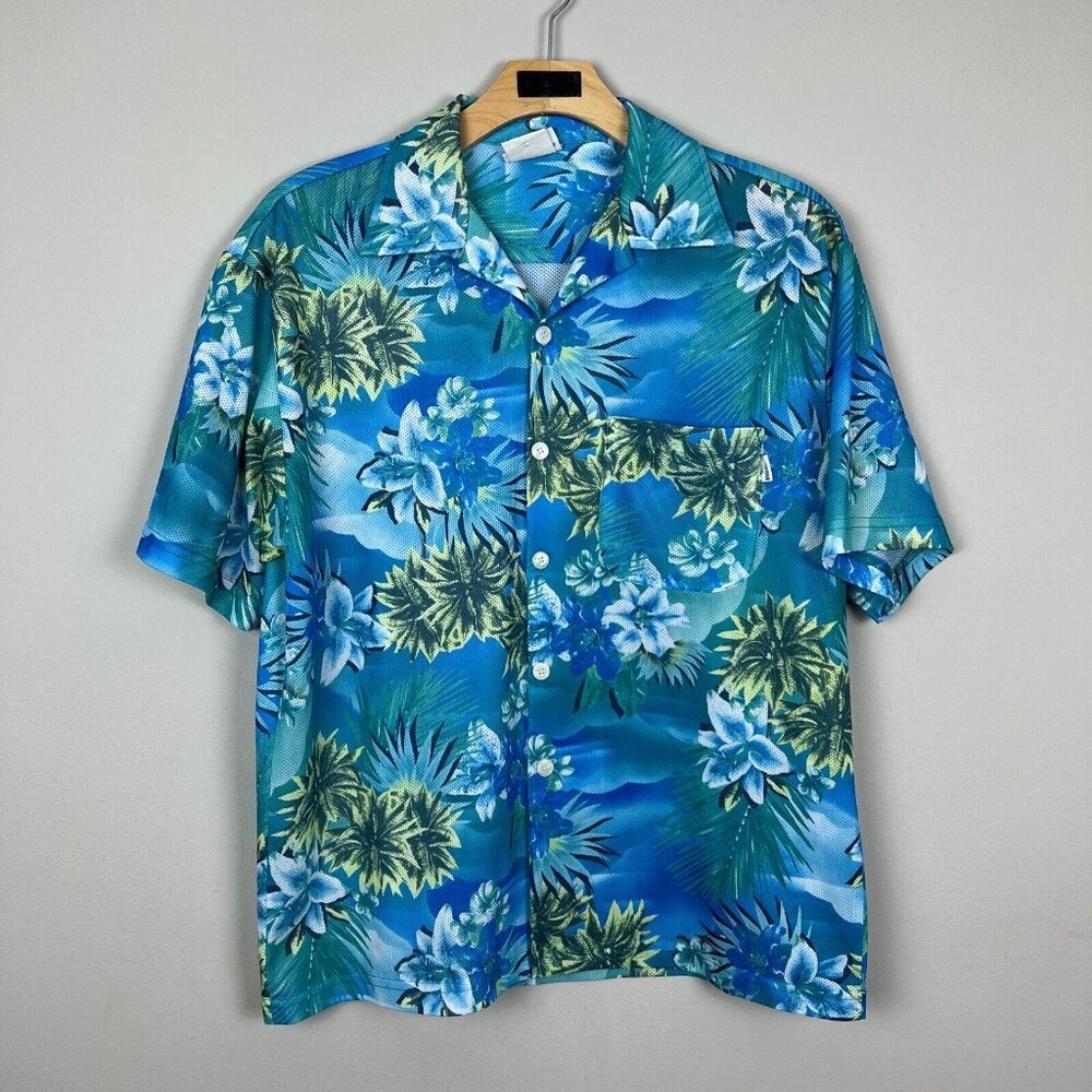 Third Rail Shirt Mens Large Blue Green Mesh Hawaiian Button Up Tropical‎ Floral